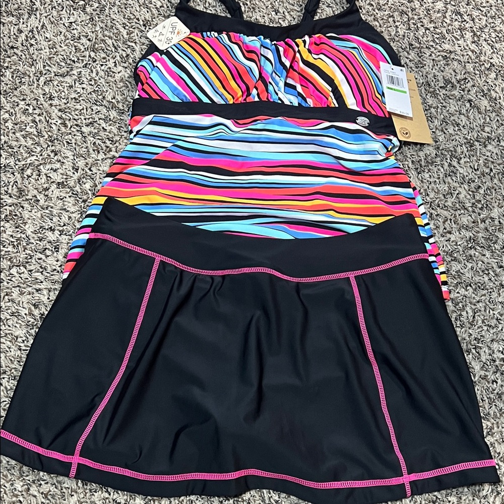 ZeroXposur Multicolor Striped Tankini with Black Swim Skirt